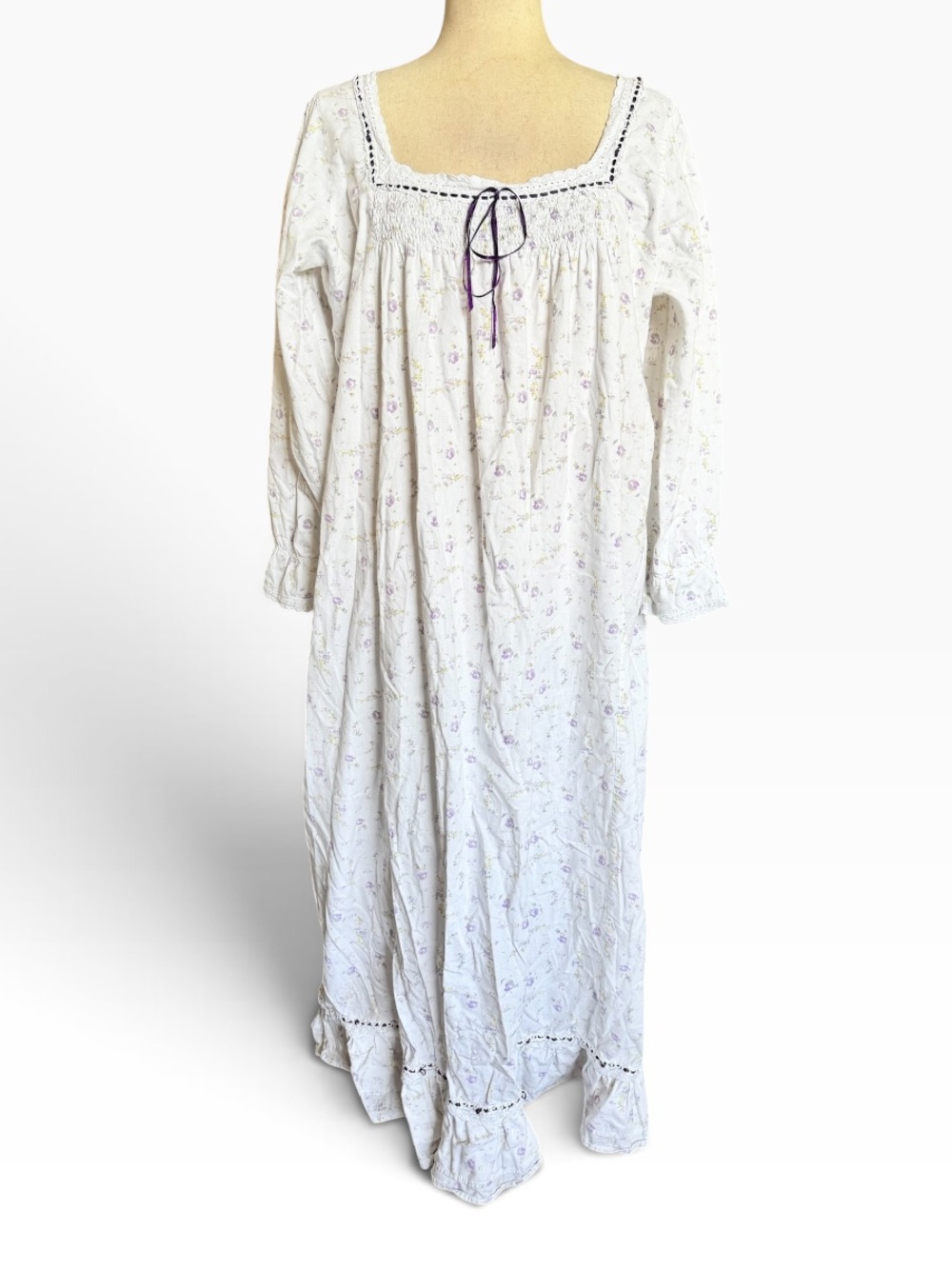 Vintage White Nightgown with Lavender Floral Print and Lace